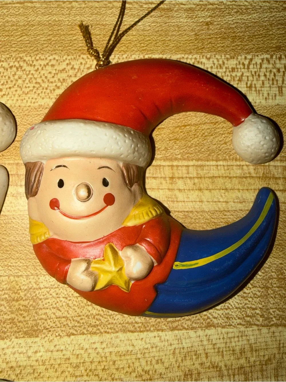Vintage Set of 3 Festive Crescent Christmas Ornaments - Santa,‎ Snowman & Elf